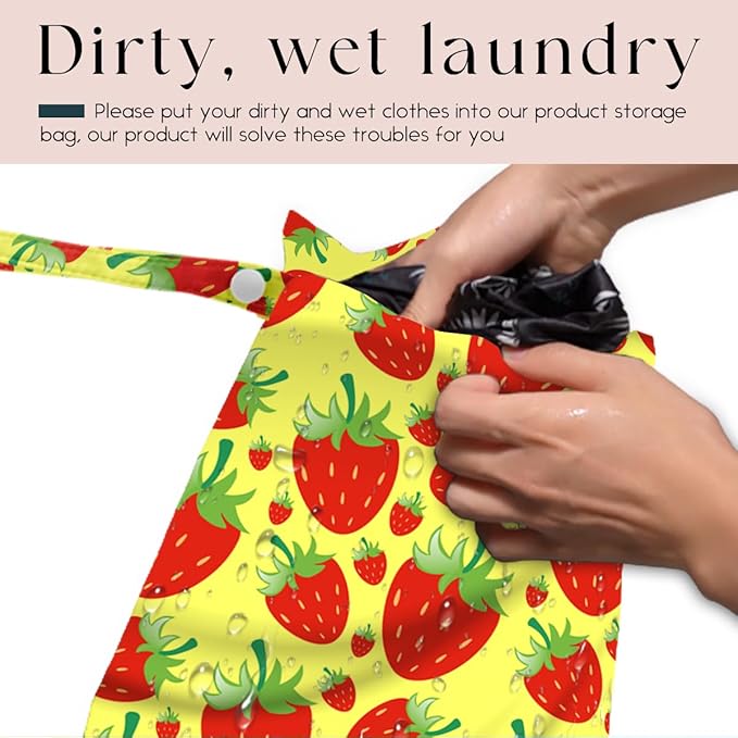 Wet Bag, Wet Dry Bag, Waterproof Swim Bags, Machine Washable Reusable Bags for Beach, Pool, Diapers, and Dirty Yoga Gym Clothes(Yellow & Red Strawberry Print
