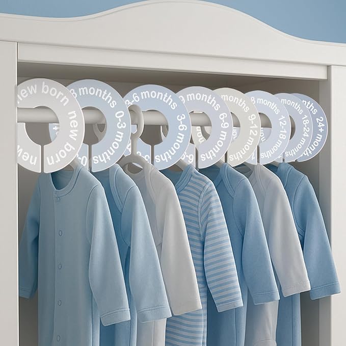 cephira Baby Closet Dividers for Clothes 0-24 Months, 8 Pack mini Round Size Markers, Double-Sided, Fits Most Rods, Blue Nursery Clothing Organizer & Wardrobe Decor