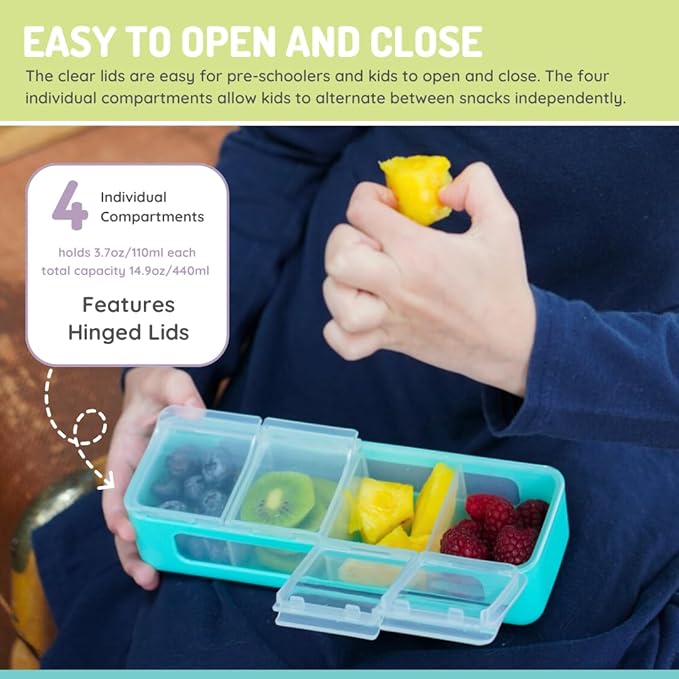 melii Snackle Box | 4-Compartment Snack Container with Individual Lids, BPA-Free Food Storage for Travel, School & On-the-Go Snacks, Kids & Family Organizer (Blue)