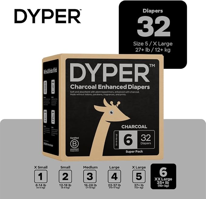 DYPER Charcoal Enhanced Diapers | Baby Diapers from Plant-Based* & Honest Materials | Day & Overnight Diapers | Disposable Diapers for Sensitive Skin (Size 6, 32, Count)