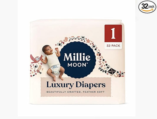 Millie Moon Luxury Disposable Baby Diapers Size 1 I 32 Count I, Ultra Soft Comfort, Absorbent Core for Day & Night Use, Wetness Indicator, Gentle Materials, Secure Fit