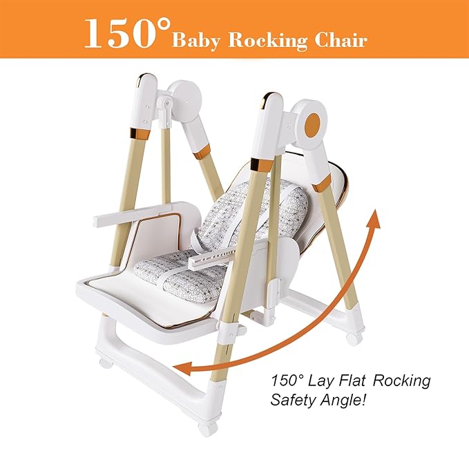 Foldable High Chair for Toddlers with Removable Double Tray & Storage Basket, 5 Height Levels Baby Eating Chair,3 Recline & Footrest Positions, Lockable Wheels,Easy Clean Feeding Chair (White)