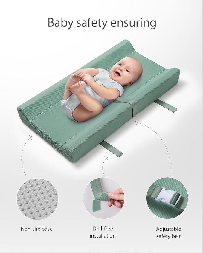 Blissful Diary Contoured Baby Changing Pad with Removable & Washable Cozy Cover, Baby Changing Table Pads with Waterproof Lining Foam and Non-Slip Bottom, Sage Green