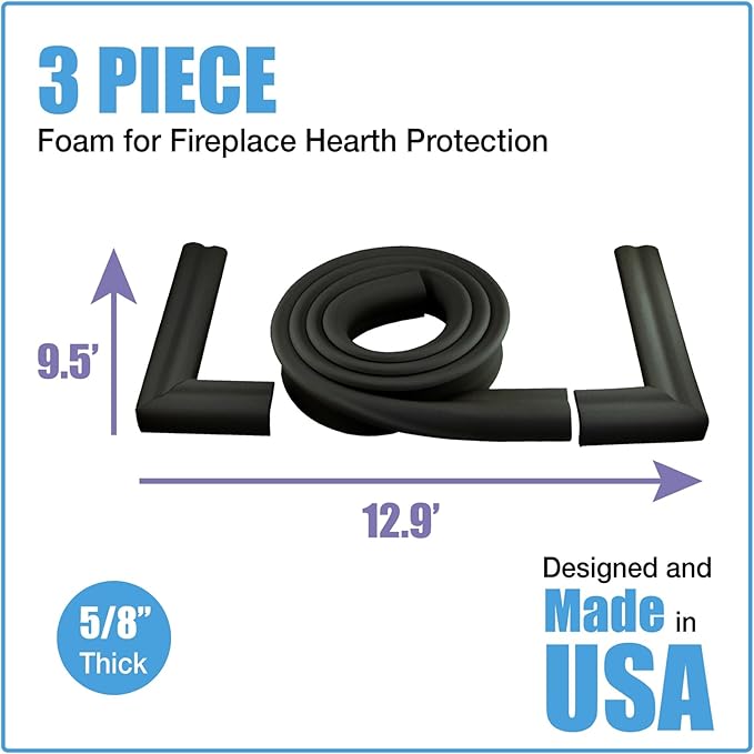 KidKusion Extra Long Hearth Cushion | Made in USA | Black | 14.33 Ft of Padding | Child Safety, Edge and Corner Guard, Baby Proof Fireplace Bumper