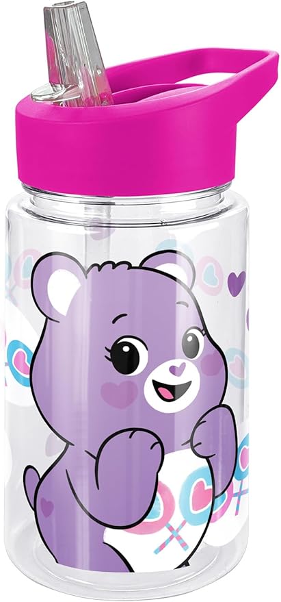 LOGOVISION Care Bears Kids Tritan Plastic Water Bottle with Straw Lid and Handle, Reusable Tumbler for Toddlers, Unisex for Girls and Boys, 12oz, Share Bear Belly Pattern