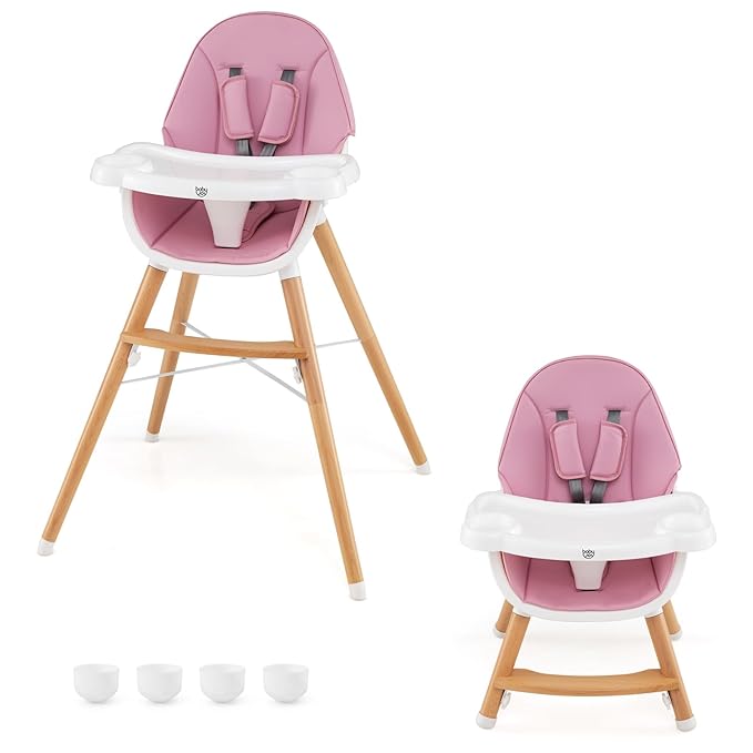 BABY JOY Baby High Chair, Wooden High Chair for Babies & Toddlers with Dishwasher Safe Double Removable Tray, Infant Feeding Chair with 5-Point Safety Harness & Detachable PU Seat Cushion (Pink)