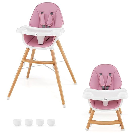 BABY JOY Baby High Chair, Wooden High Chair for Babies & Toddlers with Dishwasher Safe Double Removable Tray, Infant Feeding Chair with 5-Point Safety Harness & Detachable PU Seat Cushion (Pink)