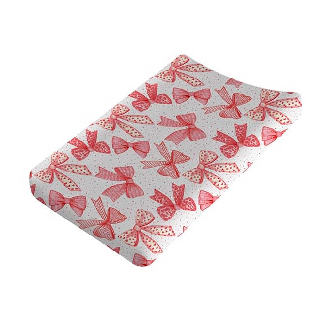 Red Valentine Bows Baby Changing Pad Covers for Girl 32''x16'' Girly Red Hair Bows Fitted Diaper Changing Table Sheets Valentine Hearts Love Soft Breathable Nursery Baby Changing Table Mats Red