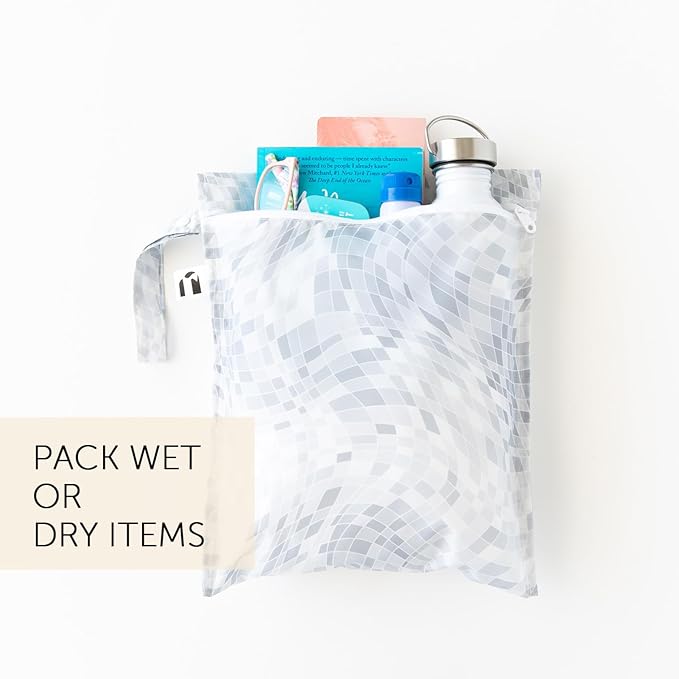 Bumkins Roamio Wet Bag and 3-Pack Clear-Sided Travel Pouches, Waterproof Organizer for Toiletries, Gym Clothes, Swim Gear, Shoes, Accessories, TSA Compliant Packing Set - Disco Ball Gray - 4 Pack