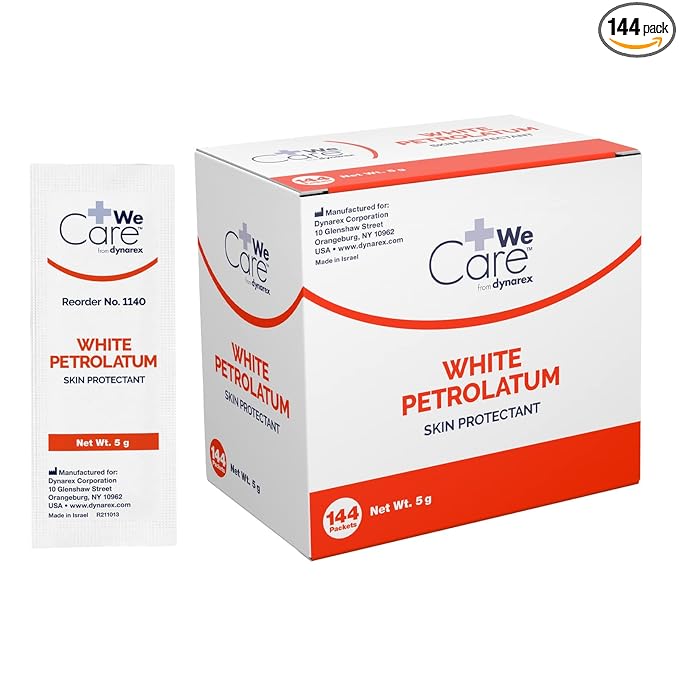 Dynarex White Petrolatum, Petroleum Jelly Ointment to Help Prevent and Treat Skin Irritation, Diaper Rash and Dryness, White, 144 Individual 5 Gram Foil Packs, Dynarex White Petrolatum