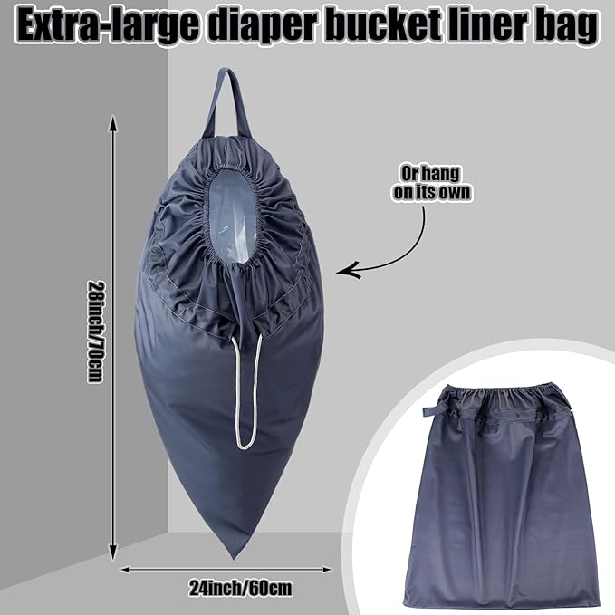 Tegeme 2 Pack Reusable Cloth Diaper Pail Liner Bags, Hangable Pail Liner with Strap, Reusable Laundry Bag Waterproof Pouch for Cloth Diaper, Laundry and Garbage, Grey & White