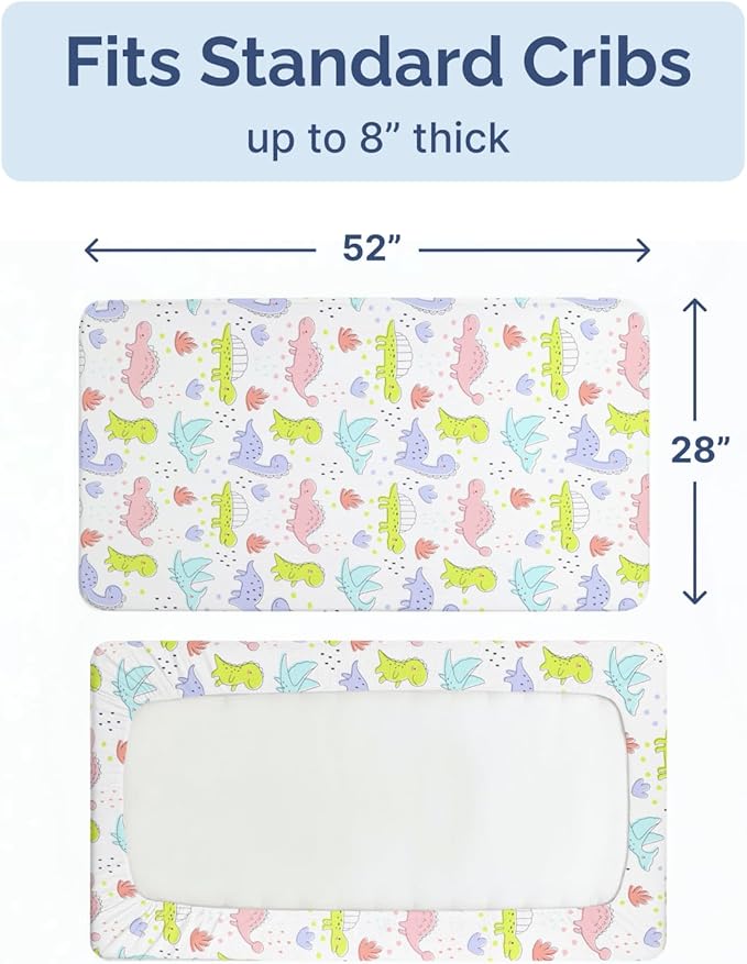 Baby Crib Sheets for Boys & Girls - Pack of 2 Fitted Microfiber Crib Sheets for Standard Crib & Toddler Mattress - Soft, Breathable and Wrinkle Free - Machine Washable - Oeko Tex - 52x28x8in - Dinos