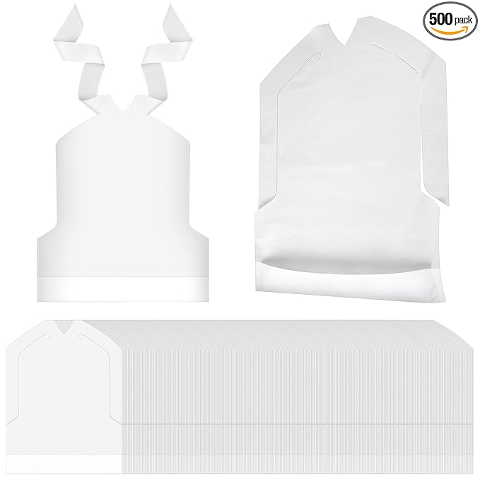 Skicuff 500 Pcs Disposable Plastic Bibs Bulk for Kids 11" x 15.75" Children Eating Bibs with Crumb Catcher for Toddlers (White)
