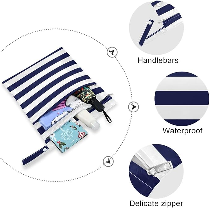 Kigai Navy Blue Stripes Wet Dry Bags 2 Pack, Waterproof Reusable Baby Cloth Diaper Wet Dry Bag with Zipper Pocket for Travel, Beach, Stroller, Gym Dirty Clothes, Wet Swimsuits
