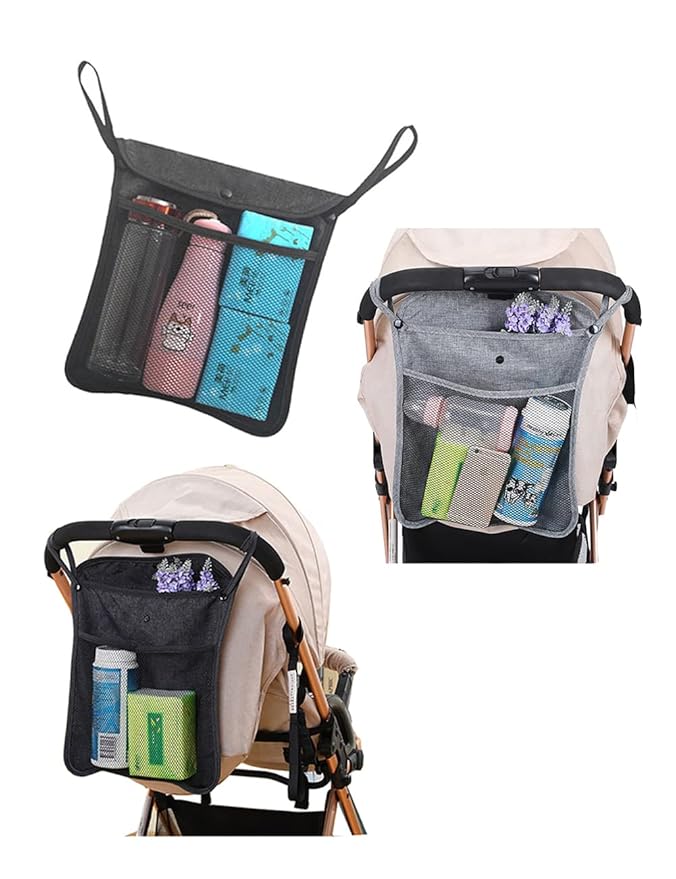 2PCS Pack Baby Stroller Organizer, Umbrella Stroller Organizer,Two compartment,with front mesh pockets, holder for water bottles, diapers wipes and folded up when folded the stroller. (Black+Grey)