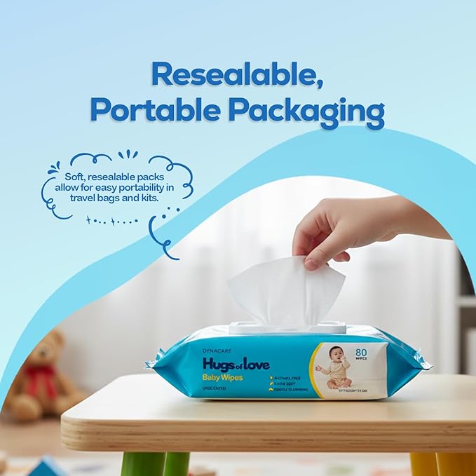 Dynarex Baby Wipes - Non-Alcohol Wipes for Babies with Lanolin & Aloe to Moisturize Skin - Soft Pack, Plastic Lid - Unscented - 5x7", 80 Wet Wipes per Pack, 24 per Case