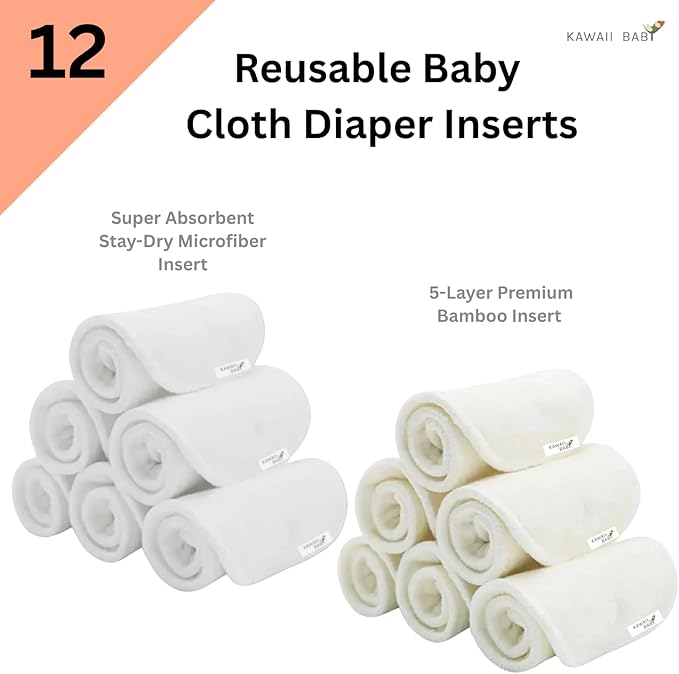 KaWaii Baby 12-Pack Cloth Diaper Booster Pads (6 Premium & 6 Microfiber) Washable Reusable Absorbent Pads Use with One Size Cloth Diaper (8-36 lbs)
