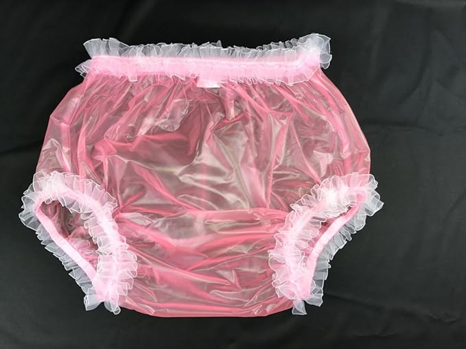 Haian Adult Incontinence Pull-on Plastic Pants Lace Panties with White Lace (XX-Large, Transparent Pink)
