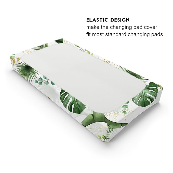 Jungle Safari Animals Tropical Leaves Flowers Changing Pad Cover Lion Elephant Zebra Giraffe Hippo Change Table Covers for Boys Girls Soft Stretchy Diaper Changing Mat Sheets Cover 32''x16''