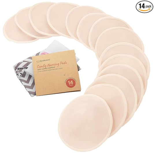 Organic Nursing Pads - 14 Washable Breast Pads for Breastfeeding, Wash Bag, Viscose Derived from Bamboo Reusable Nipple Covers for Breastfeeding Essentials,Soft & Absorbent(Bare Beige, XL 5.6")