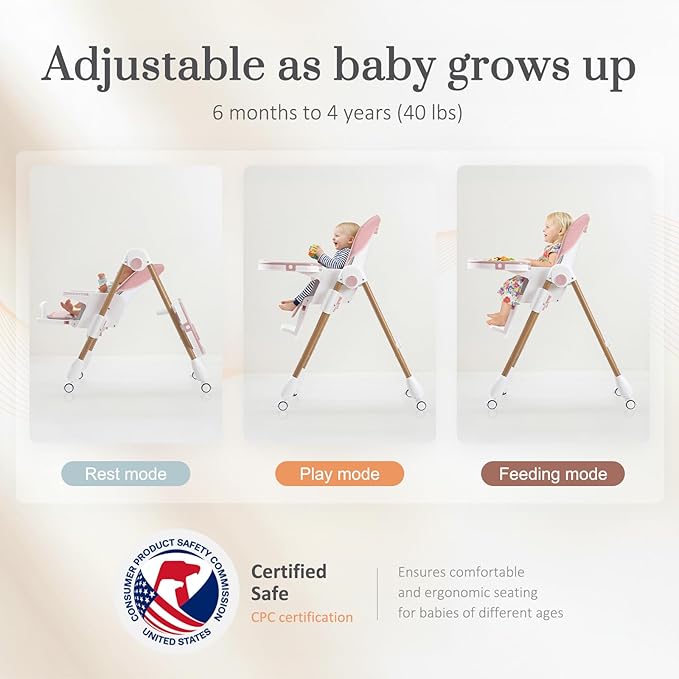 Mallify Foldable High Chairs for Babies and Toddlers, 3-in-1 Convertible Baby High Chair with Removable Soft Cushion and Tray, Adjustable Height & Recline, Lockable Wheels, Pink