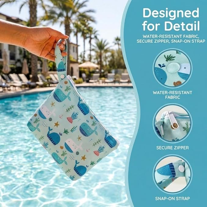 Waterproof Wet Bag with Wrist Strap, Reusable Zippered Pouch for Beach, Swim & Travel, Compact Cosmetic Toiletry Organizer Bag, 7.9 * 9.5 * 2 inches