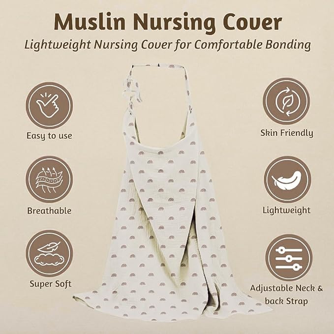 IDYLLICA Multifunctional Muslin Nursing Cotton Cover for Baby Breastfeeding with Adjustable Mom Privacy & Arch Neckline - Nursing Apron Cover - Stroller Cover Car Seat Cover, Boho Rainbow
