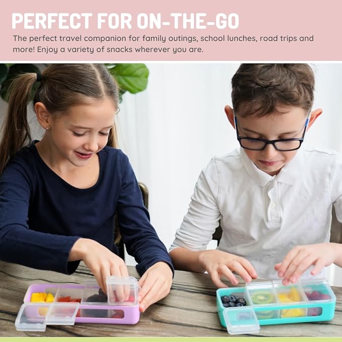 melii Snackle Box | 4 Compartment Divided Snack Container with Individual Lids, Kids Lunch & Travel Food Storage Organizer, BPA-Free, 2-Pack (Blue + Mint)