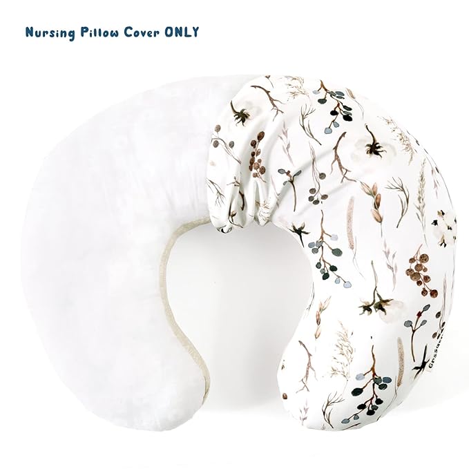 GRSSDER Nursing Pillow Cover Stretchy Minky Removable Nursing Covers for Breastfeeding Pillows, Ultra Soft Comfortable Slipcover for Boy and Girls, Stylish Pretty Flora, Beige
