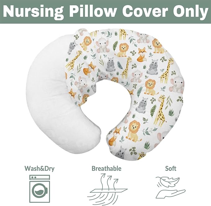 Safari Animals Baby Nursing Pillow Covers for Boy Girl Cute Lion Giraffe Elephant Hippo Tropical Leaves Nursery Pillowcase for Breastfeeding Pillows Zoo Jungle Soft Stretchy Slipcovers for Newborn