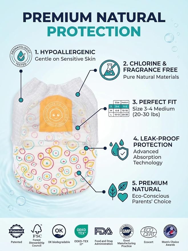 Little Toes Premium Natural Disposable Swim Diapers, Size 3-4 Medium (20-30 lbs) (12 Count) | Baby Disposable Swim Diapers | Hypoallergenic, Chlorine & Fragrance-Free | Gentle on Sensitive Skin