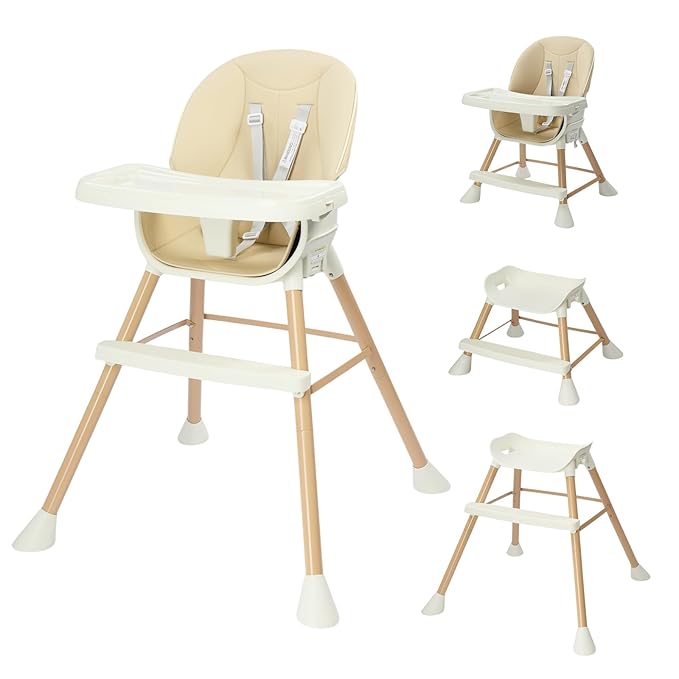 JOYMOR 5 in 1 Convertible Baby High Chair, Highchair for Babies and Toddlers, Easy Clean, Infant Highchair with Removable Double Tray & 5-Point Harness (Beige)