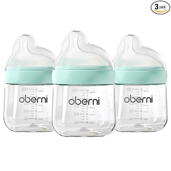 Oberni Baby Bottles with Slow Off-Centered Nipple for 0+ Months, Anti Colic Newborn Milk Feeding Bottle, 150ml/5oz/Blue/3Pack