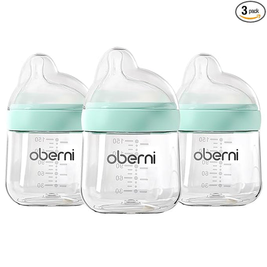 Oberni Baby Bottles with Slow Off-Centered Nipple for 0+ Months, Anti Colic Newborn Milk Feeding Bottle, 150ml/5oz/Blue/3Pack