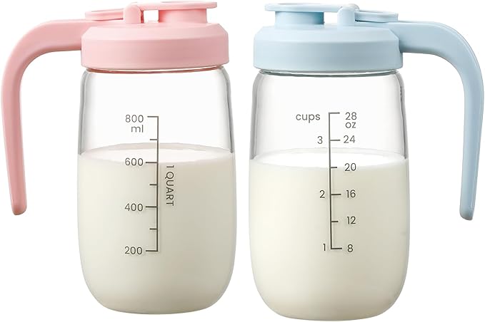 2 Pack Breast Milk Pitcher 32 OZ, Heat & Cold Resistant, Sudden Temperature Safe, Fast Baby Formula Maker with Wide Mouth, No Leak Glass Fridge Storage Container for Juice, Cold Brew-Blue, Pink