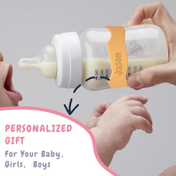4 Pack Personalized Baby Bottle Name Bands, Custom Silicone Water Bottle Labels for Daycare Reusable, Laser Engraving Toddler Name Tags, Waterproof Customized Kids Cup Identifier Rubber Ring Removable