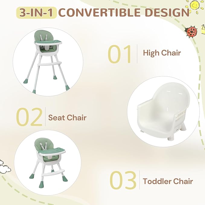 Ktaxon 3-in-1 Baby High Chair, Portable Adjustable Height Highchair with Removable Dual-Layer Tray, 5-Point Safety Harness and Footrest for Toddlers & Babies, Green