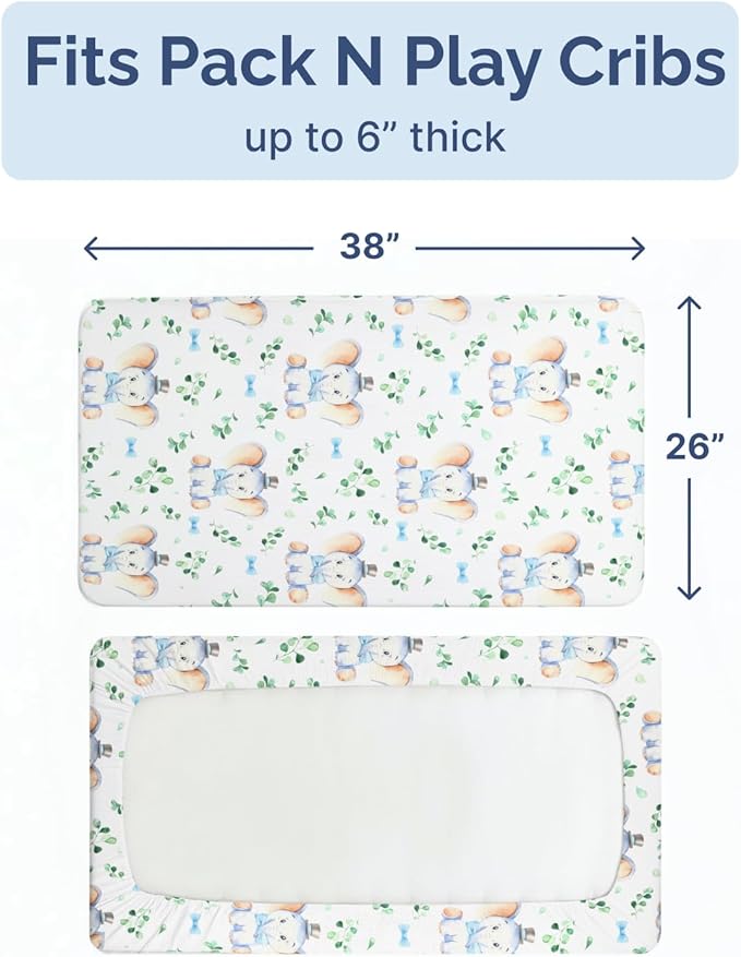 Pack and Play Sheets Fitted - 2 Pack Mini Crib Sheets for Pack N Play Mattress - Unisex Playard Microfiber Bedding for Boys & Girls - Soft, Breathable & Wrinkle Free - Oeko-Tex, 38 x 26in - Elephant
