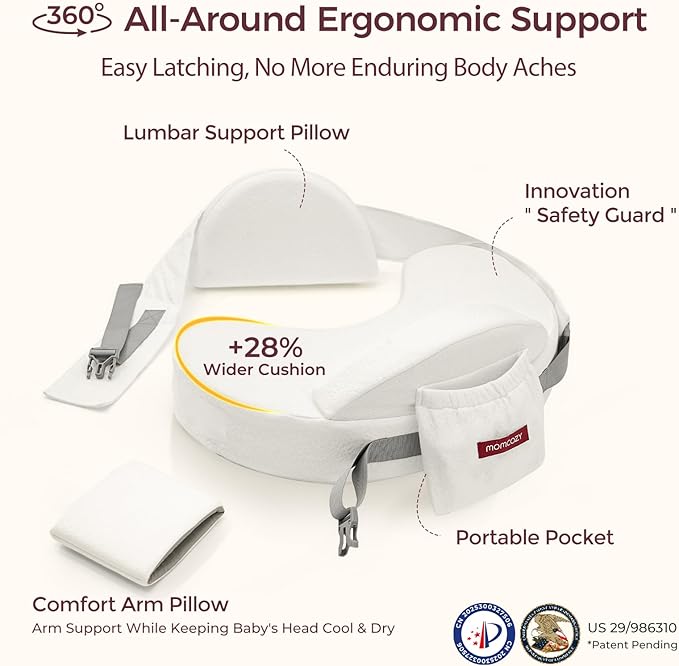 Momcozy CozyPro Nursing Pillow - All Around Lumbar & Arm Support - Safety Guard, Firm & Springy Memory Foam-Stable, Ergonomic Support, Easier Breastfeeding, Wider Cushion, Adjustable, Removable Cover
