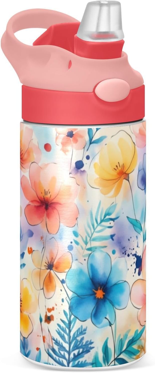 Cute Flowers Girls Water Bottle with Straw and Carry Handle Rainbow Pink Green Purple Vacuum Insulated Stainless Steel Bottles Leak-Proof for Boys Kids Toddler 12 oz Pink Lid
