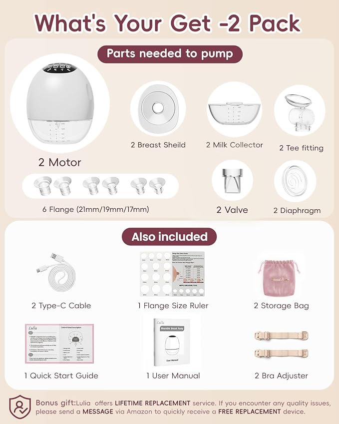 Lulia Breast Pump Hands Free, Upgraded Wearable Breast Pump, 380mmHg Strong Suction, 4 Modes & 9 Levels, Quickly Store Milk, 17/19/21/24MM Flanges, 2 Pack