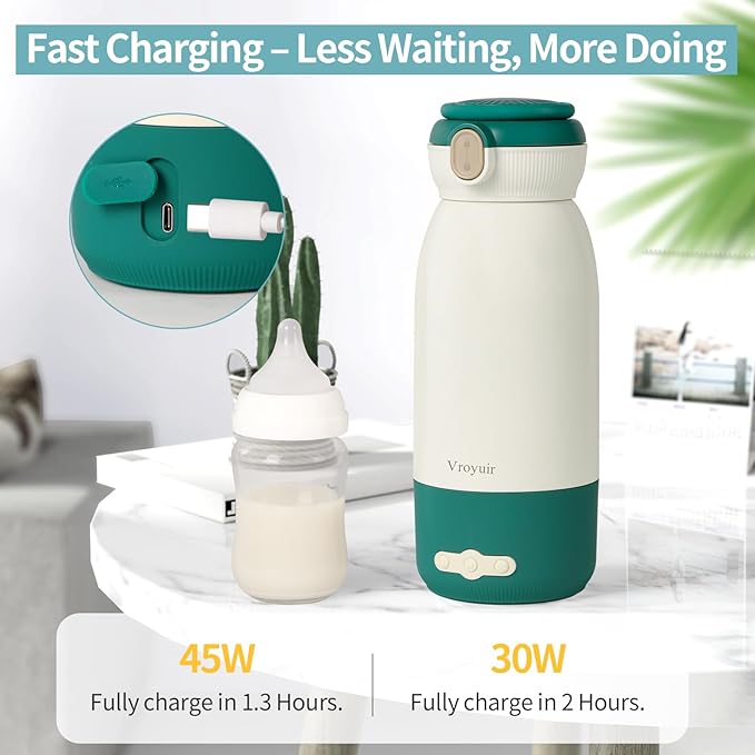 Portable Bottle Warmer, 17oz Travel Milk Warmer with Precise Temp Control 95-135°F, Fast Heating, USB Rechargeable, for Breast Milk, Formula & Water, Keep Warm