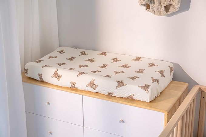Little Jump Muslin Changing Pad Cover for Baby Girls Boys, 100% Cotton Soft Breathable Changing Table Covers, Baby Diaper Change Table Pad Cover, 2 Pack (Teddy Bears & Khaki)