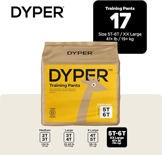 DYPER Toddler Training Pants 5T-6T for Boys & Girls Hypoallergenic,Unscented, Plant-Based & Perfect for Sensitive Skin, Leakproof Potty Training Pants for Day & Overnight Protection (17 Count)