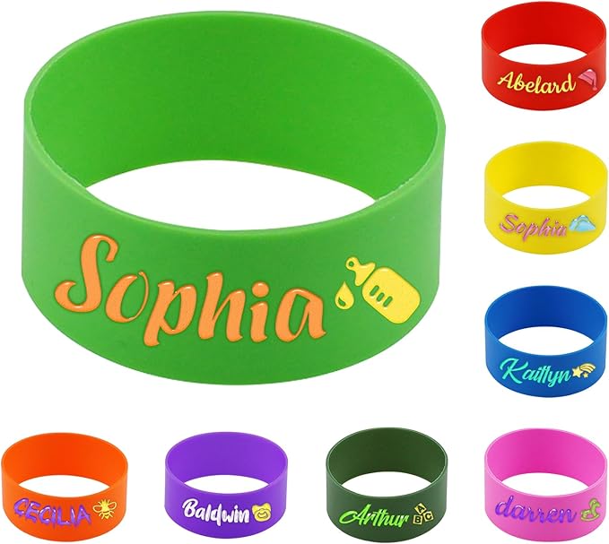 6 Pcs Personalized Water Bottle Labels, Silicone Sippy Cup Strap, Waterproof, Reusable, Customizable Name Bands for Kids, Daycare, School