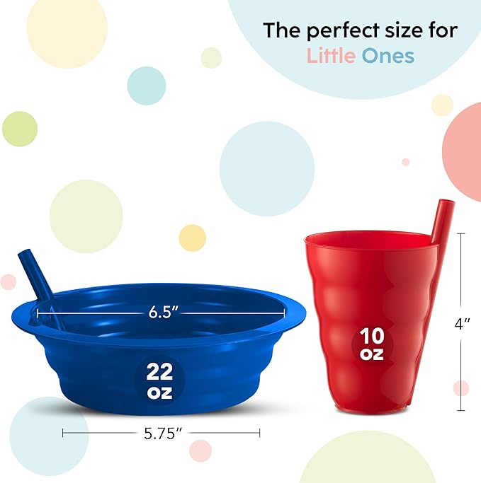 PLASKIDY Cereal Bowls with Straws & Kids Straw Cups - Set of 4 Kids Plastic Bowls with Straws & 4 Straw Cups for Kids BPA Free Dishwasher Safe Kids Bowls with Built-In Straw Include 3 Cleaning Brushes