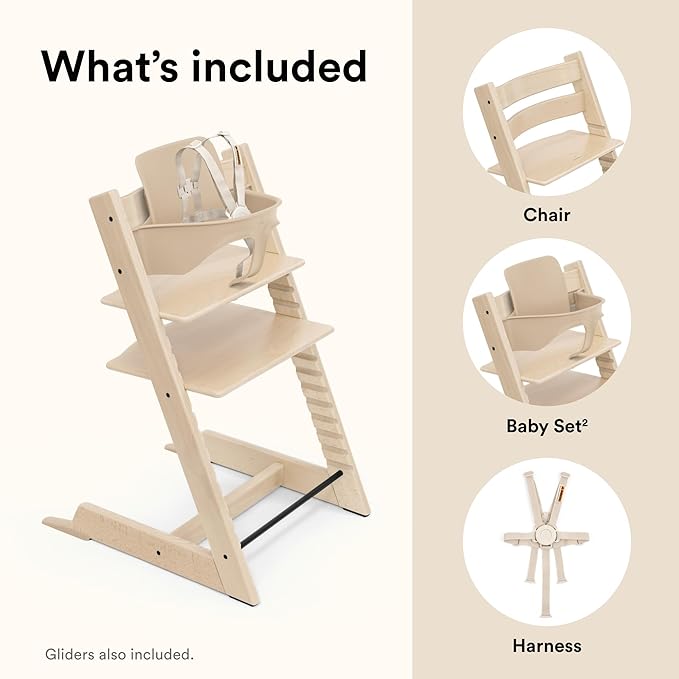 Stokke Tripp Trapp High Chair 2, Natural - Includes Chair + Baby Set with Removable Harness for Children 6-36 Months - Adjustable, Ergonomic & Easy to Clean