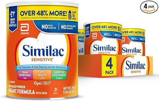 Similac Sensitive Infant Formula, for Fussiness & Gas Due to Lactose Sensitivity, Baby Formula Powder, 29.8-oz Value Can, Pack of 4