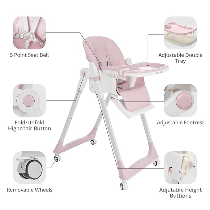 Sunchild 3-in-1 Baby High Chair with Wheels, 5-Point Harness, Tray, Footrest, and Backrest, Foldable and Adjustable for Toddlers 6-36 Months, Pink