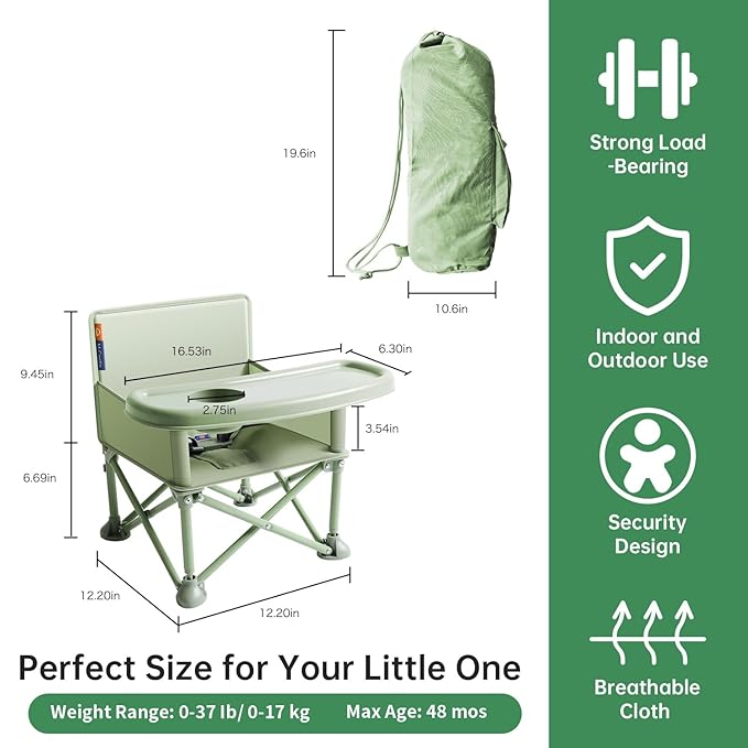 New Portable Travel Booster Seat with Tray|Foldable Infant Seat Booster Dining Chair|Great for Camping, Beach, Lawn|Toddler, Child Camping Chair 6 Months - 3 Years Old (Green)